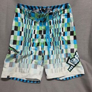 Lost Enterprises Board Shorts Mens 32 Blue Green Check Mayhem Black Sheep Y2K